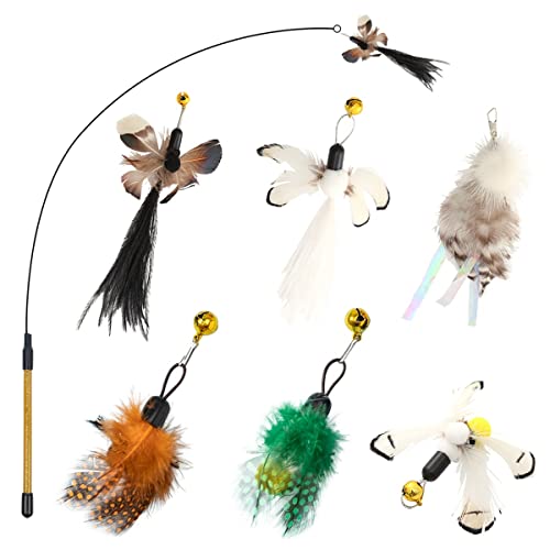 Cat Insect Feather Toys Replacement Cat Toy Wand Refills, 6 Pieces Natural Insect Cat Toy Feathers Refill, Interactive Cat Teaser Wand Attachments, with Bell - Style 2 and Wand