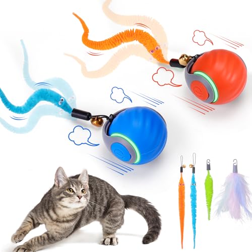 BABORUI Interactive Cat Toy Ball - Automatic Interactive Cat Toys for Indoor Cats with 3 Tails, 2 Speeds Rechargeable Cat Enrichment Toys for Small/Medium/Large Cats to Keep Them Busy(Blue) - Blue+Orange
