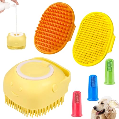 Comotech 6PCS Dog Bath Brush & Dog Toothbrush | Adjustable Handle Shampoo Brush & Scrubber for Short & Long Haired Dogs & Cats | Effectively Solve Odor & Stain Removal Problems (Blue Blue Blue.) - Orange Yellow Yellow
