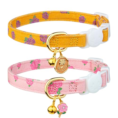 2 Pack Cotton Breakaway Cat Collar Green and Yellow Flowers Pendant Cute Kitten Cat Collar with Bell - Yellow Rose&Pink Rose