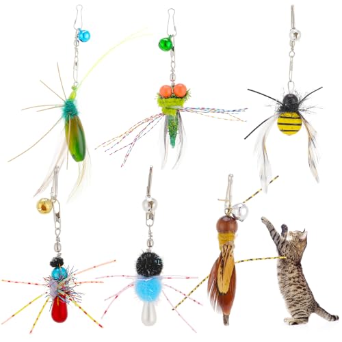 Cat Insect Feather Toys Replacement Cat Toy Wand Refills, 6 Pieces Natural Insect Cat Toy Feathers Refill, Interactive Cat Teaser Wand Attachments, with Bell - Style 8