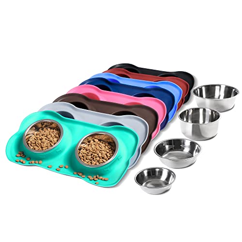 Hubulk Pet Dog Bowls 2 Stainless Steel Dog Bowl with No Spill Non-Skid Silicone Mat + Pet Food Scoop Water and Food Feeder Bowls for Feeding Small Medium Large Dogs Cats Puppies (S, Pink) - Small / Mint Green
