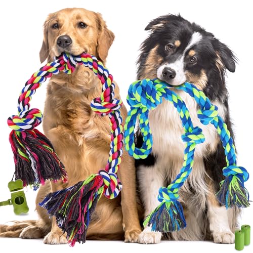 Tough Dog Rope Toys for Aggressive Chewers, Tough Tug of War Dog Toys for Large, Medium & Small Dogs – 5 Pack Including 2 Ropes & 3 Supplies - Colorful