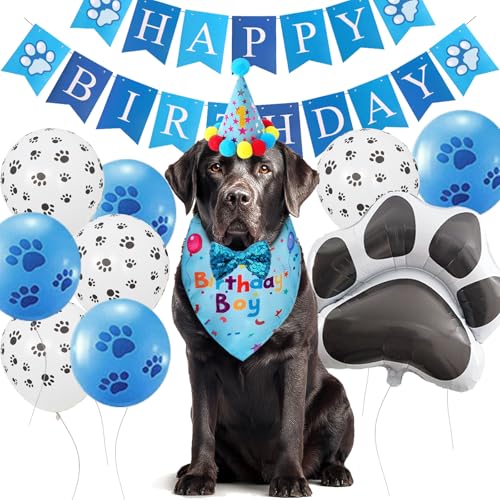 Boy Dog Birthday Party Costume & Decoration Supplies Set with Blue Birthday Bandana Hat Scarf and Bow Tie Happy Birthday Banner and Dog Paw Balloons for Medium Large Dogs Pets(M/L) - Large / Blue Birthday