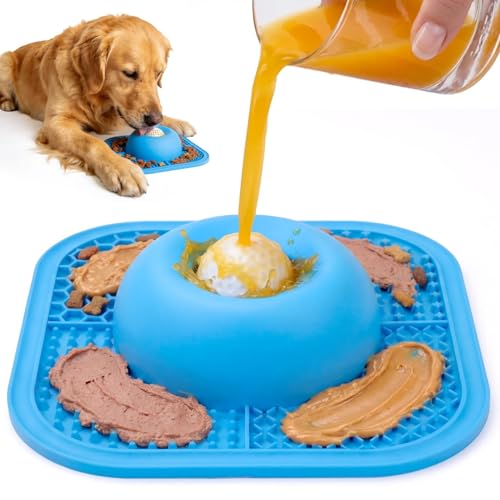 PetsHome Slow Feeder Dog Bowls & Lick Mat for Liquid and Thick Treat, Anti-Slip Dog Lick Bowl with Interactive Rolling Ball, 5/6 Cup Pup Licking Toy for Large Medium Small Dogs and Cats Blue - Blue