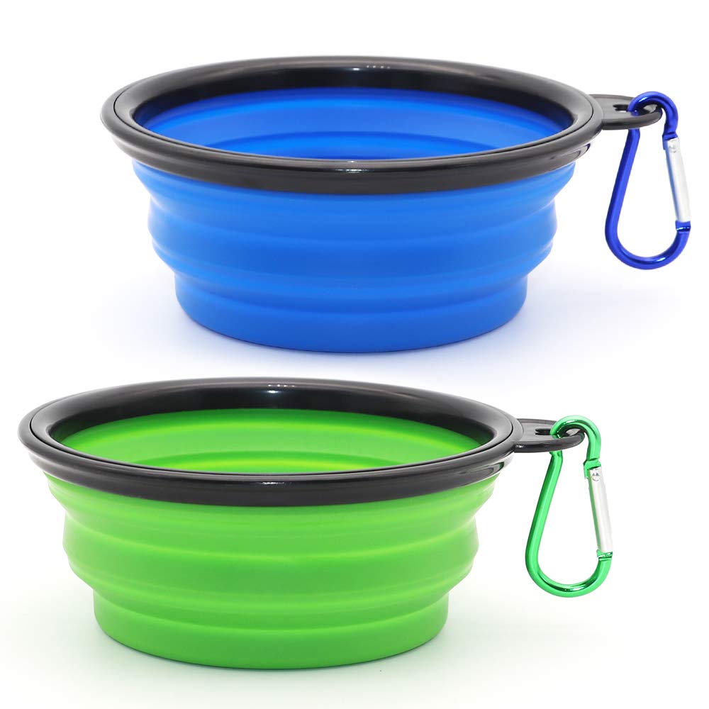 Kytely Large Collapsible Dog Bowls 2 Pack, 34oz Foldable Dog Travel Bowl, Portable Pet Water Food Bowl with Clasp, Pet Cat Feeding Cup Dish for Traveling, Walking, Hiking (Black+Blue)