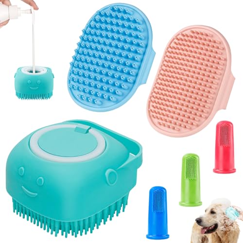 Comotech 6PCS Dog Bath Brush & Dog Toothbrush | Adjustable Handle Shampoo Brush & Scrubber for Short & Long Haired Dogs & Cats | Effectively Solve Odor & Stain Removal Problems (Blue Blue Blue.) - Blue Red Blue