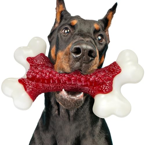 Kseroo Indestructible Dog Toys for Aggressive Chewers: Beef Flavored Hard Nylon Bone Chew Toys, Tough Dog Chew Toys for Large Dogs, Dog Toys to Keep Them Busy for Medium Large Breed (20-80 lbs), Red - 01PC-Beef-Red