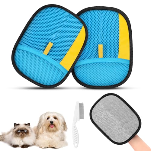 SAWMONG Pet Hair Removal Glove, 2Pcs Cat & Dog Reusable Pet Hair Remover Gloves New Upgrade, Grooming Pet Hair Remover Tool, Alternative to Lint Rollers - Light blue