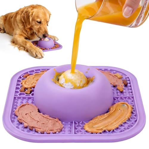 PetsHome Slow Feeder Dog Bowls & Lick Mat for Liquid and Thick Treat, Anti-Slip Dog Lick Bowl with Interactive Rolling Ball, 5/6 Cup Pup Licking Toy for Large Medium Small Dogs and Cats Blue - Purple