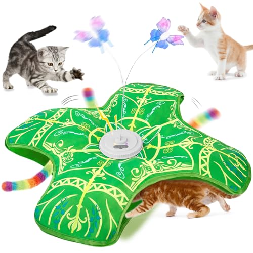 Interactive Cat Toys for Indoor Cats,[Newly Upgraded] Rechargeable Touch Activated Hide and Seek Kitten Toys for Bored Indoor Adult Cats with Fluttering (Blue) - Green Cover Cloth Toy