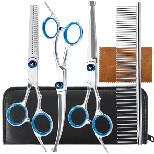 5 in 1 Premium Dog Grooming Scissors, Professional Dog Scissors for Grooming with Safety Round Tips, Lengnoyp Stainless Steel Thinning Shears, Pet Cat Shears for Grooming Kit - Chrome Silver