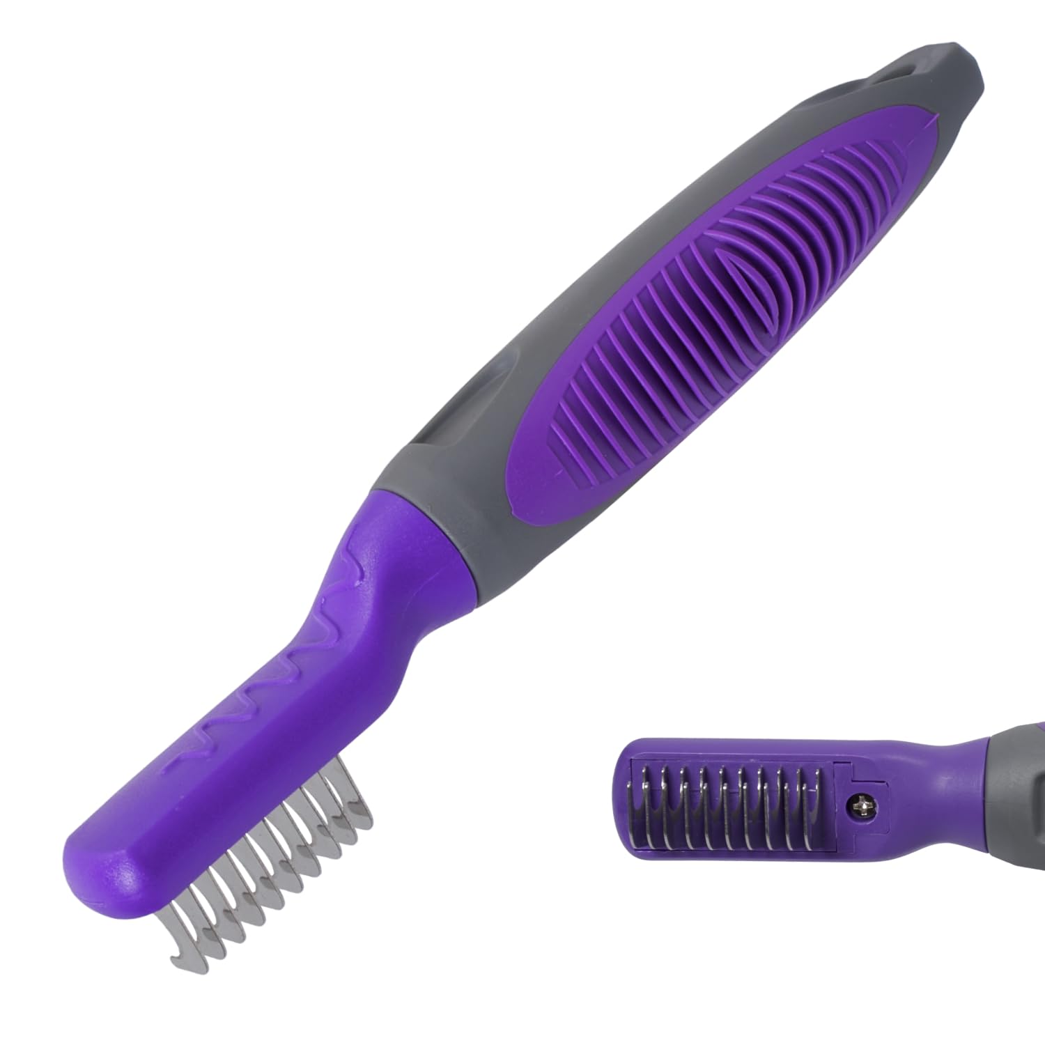 Pets First Professional Pet Mat Remover - Dematting Tool for Grooming Cats & Dogs - Removes Matted Fur, Tangles, Knots, Loose Hair & Dirt - Stainless Steel, Gentle Teeth, Soft Comfort Grip Handle,Blue