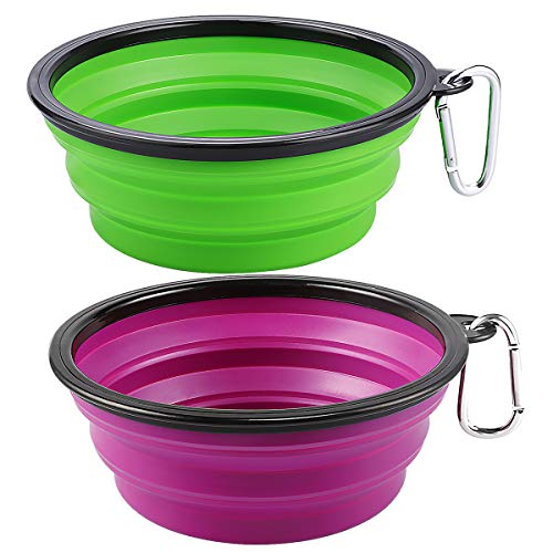 Kytely Large Collapsible Dog Bowls 2 Pack, 34oz Foldable Dog Travel Bowl, Portable Pet Water Food Bowl with Clasp, Pet Cat Feeding Cup Dish for Traveling, Walking, Hiking (Black+Blue) - Green & Purple