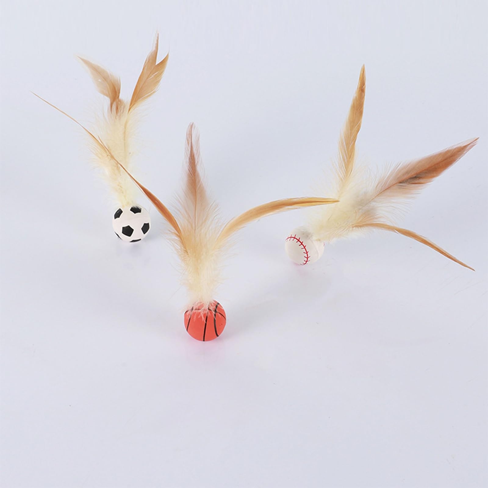 3-Pack Sports Ball Cat Toys with Feathers – Bouncy Basketball, Football & Baseball Set for Indoor Cats, Soft Interactive Toys for Batting, Chasing & Hunting Play