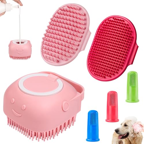 Comotech 6PCS Dog Bath Brush & Dog Toothbrush | Adjustable Handle Shampoo Brush & Scrubber for Short & Long Haired Dogs & Cats | Effectively Solve Odor & Stain Removal Problems (Blue Blue Blue.) - Pink Red Pink
