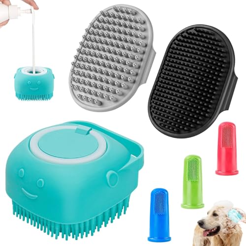 Comotech 6PCS Dog Bath Brush & Dog Toothbrush | Adjustable Handle Shampoo Brush & Scrubber for Short & Long Haired Dogs & Cats | Effectively Solve Odor & Stain Removal Problems (Blue Blue Blue.) - Black Gray Blue