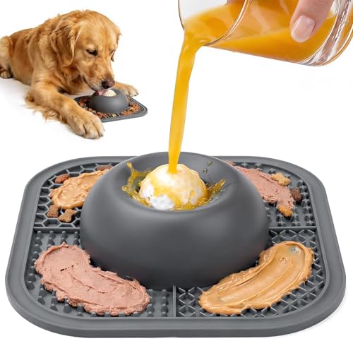 PetsHome Slow Feeder Dog Bowls & Lick Mat for Liquid and Thick Treat, Anti-Slip Dog Lick Bowl with Interactive Rolling Ball, 5/6 Cup Pup Licking Toy for Large Medium Small Dogs and Cats Blue - Gray