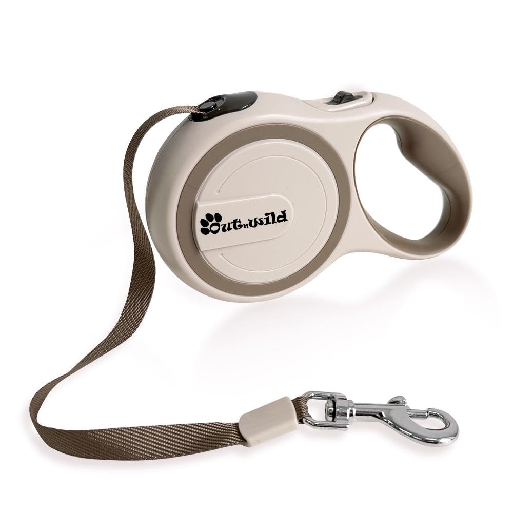 360° Tangle-Free Retractable Dog Leash, Strong Reflective Nylon Tape Lead 16 ft Dog Walking Leash, up to 66lbs, Anti-Slip Rubberized Handle, One-Handed Brake, White-Gray (Medium)
