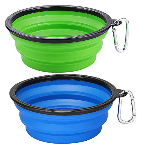 Kytely Large Collapsible Dog Bowls 2 Pack, 34oz Foldable Dog Travel Bowl, Portable Pet Water Food Bowl with Clasp, Pet Cat Feeding Cup Dish for Traveling, Walking, Hiking (Black+Blue) - Green & Blue