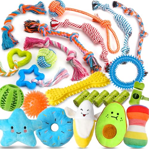 Zeaxuie 25 Pack Luxury Dog Chew Toys for Puppy, Dog Toys with Ropes, Treat Ball and Squeaky Puppy Toys for Teething Small Dogs - 25 Pack (Value-Toys)