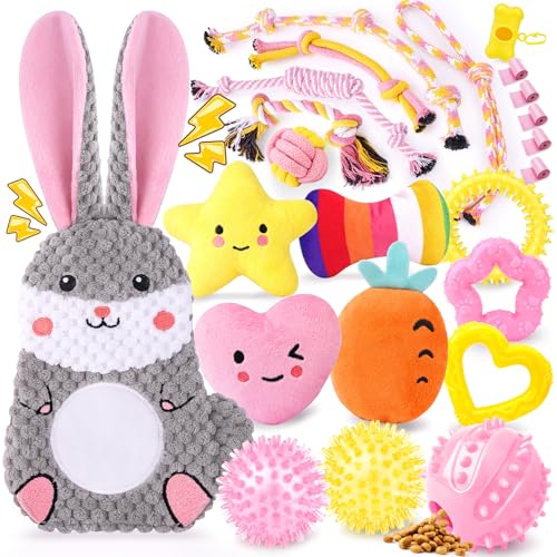 Zeaxuie 25 Pack Luxury Dog Chew Toys for Puppy, Dog Toys with Ropes, Treat Ball and Squeaky Puppy Toys for Teething Small Dogs - 23 Pack (Cute-Bunny)