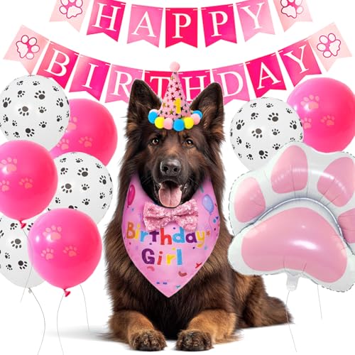 Boy Dog Birthday Party Costume & Decoration Supplies Set with Blue Birthday Bandana Hat Scarf and Bow Tie Happy Birthday Banner and Dog Paw Balloons for Medium Large Dogs Pets(M/L) - Large / Pink Birthday
