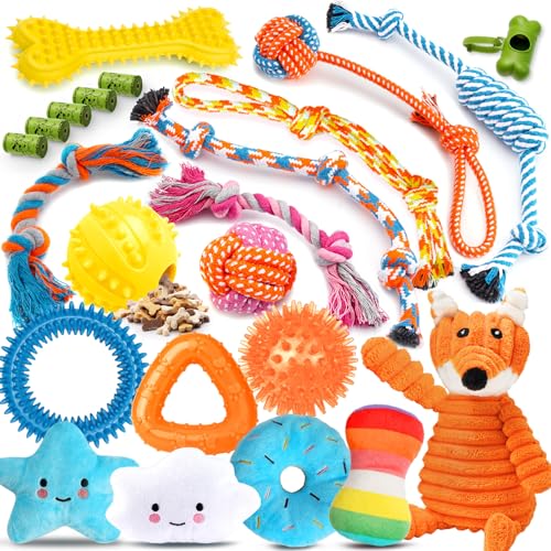 Zeaxuie 25 Pack Luxury Dog Chew Toys for Puppy, Dog Toys with Ropes, Treat Ball and Squeaky Puppy Toys for Teething Small Dogs - 23 Pack (Stuffed-Fox)