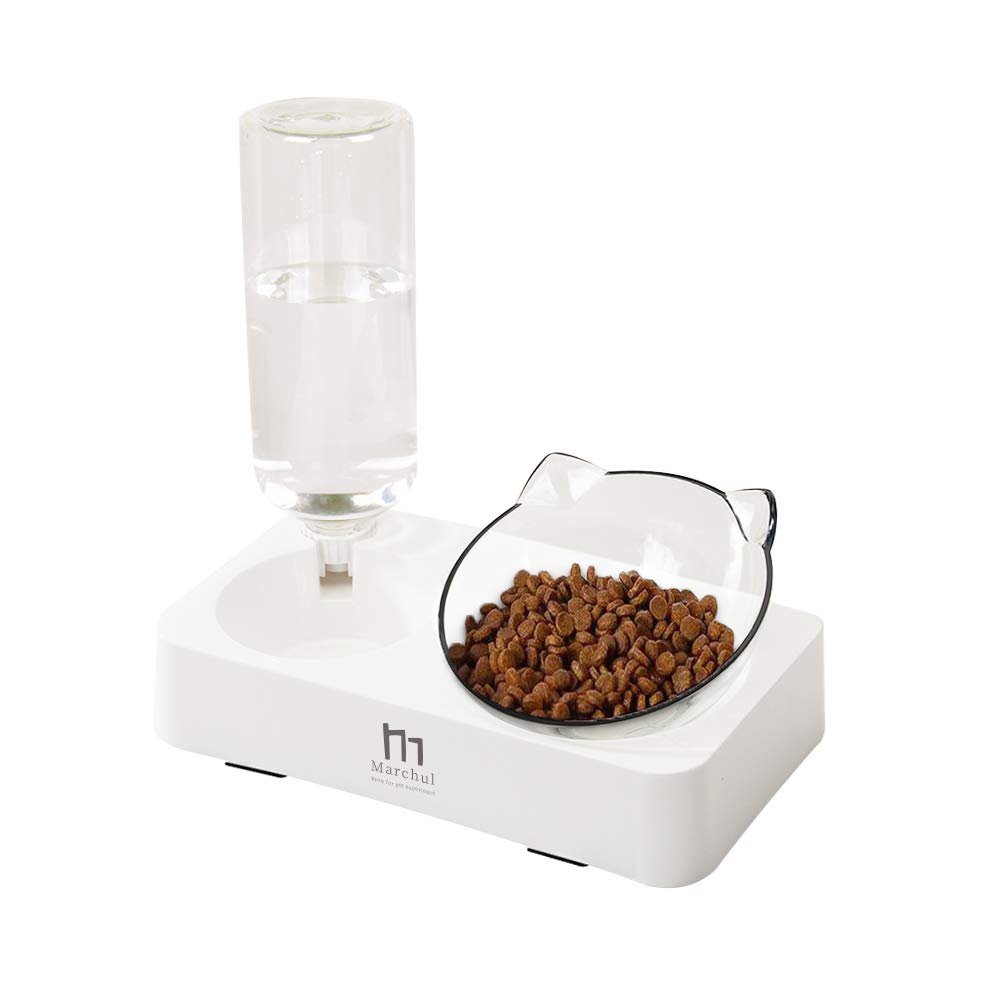Marchul 3 in 1 Cat Bowl, Cat Food and Water Bowl Set with Water Dispenser and Stainless Steel Bowls, 15° Tilted Pet Raised Three Bowls for Indoor Cats, Small or Medium Sized Dogs