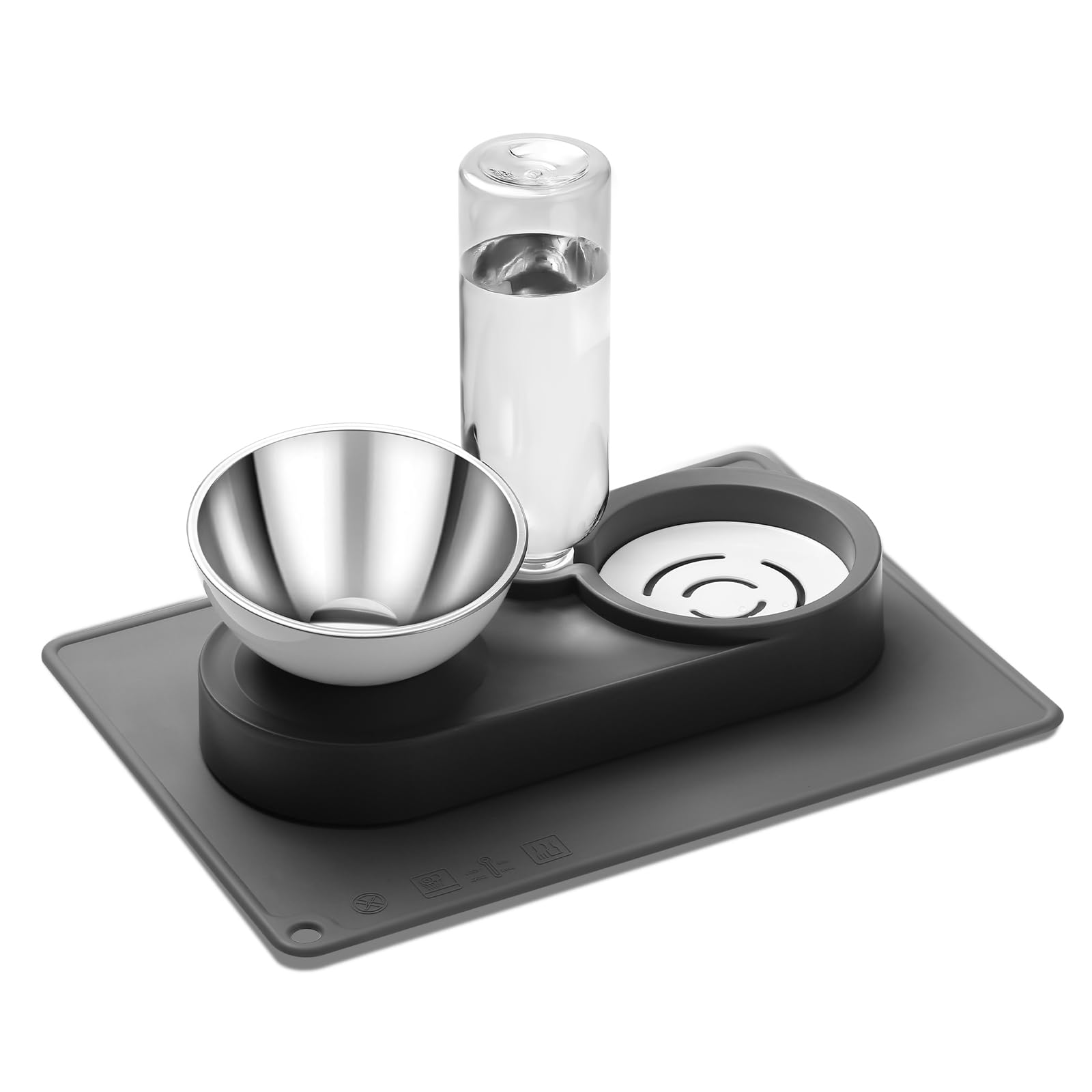 Marchul 3 in 1 Cat Bowl, Cat Food and Water Bowl Set with Water Dispenser and Stainless Steel Bowls, 15° Tilted Pet Raised Three Bowls for Indoor Cats, Small or Medium Sized Dogs