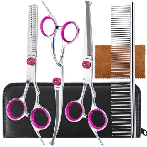 5 in 1 Premium Dog Grooming Scissors, Professional Dog Scissors for Grooming with Safety Round Tips, Lengnoyp Stainless Steel Thinning Shears, Pet Cat Shears for Grooming Kit - Black