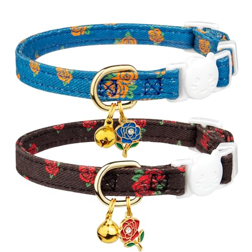 2 Pack Cotton Breakaway Cat Collar Green and Yellow Flowers Pendant Cute Kitten Cat Collar with Bell - Blue Rose&Black Rose