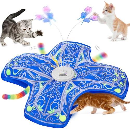 Interactive Cat Toys for Indoor Cats,[Newly Upgraded] Rechargeable Touch Activated Hide and Seek Kitten Toys for Bored Indoor Adult Cats with Fluttering (Blue) - Blue Cover Cloth Toy