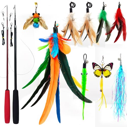 miwoowim Natural unstained Feathers,8PCS Cat Feather Toys Replacement Wand Toy Refills, Cat Feathers Refill for Indoor Cats,Perfect Wand Attachments - 11 PCS Retractable Wand Toy