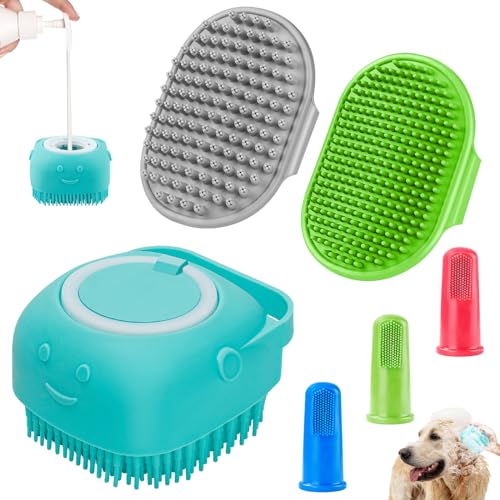 Comotech 6PCS Dog Bath Brush & Dog Toothbrush | Adjustable Handle Shampoo Brush & Scrubber for Short & Long Haired Dogs & Cats | Effectively Solve Odor & Stain Removal Problems (Blue Blue Blue.) - Blue Green Gray