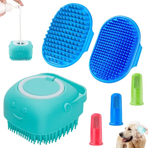 Comotech 6PCS Dog Bath Brush & Dog Toothbrush | Adjustable Handle Shampoo Brush & Scrubber for Short & Long Haired Dogs & Cats | Effectively Solve Odor & Stain Removal Problems (Blue Blue Blue.) - Blue Blue Blue