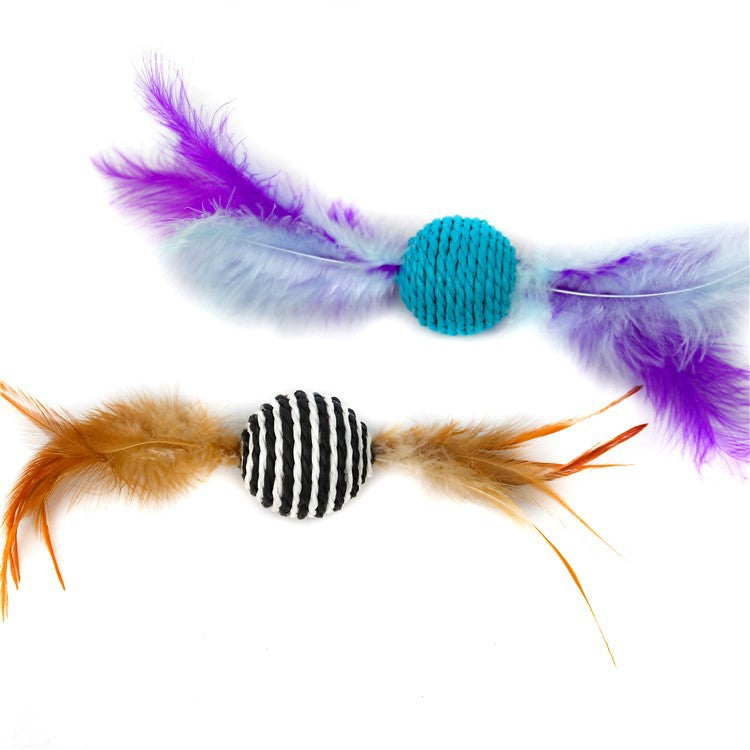 Colorful Striped Sisal Cat Ball Toy with Feather Tassels – Durable Pet Plaything for Cats & Kittens