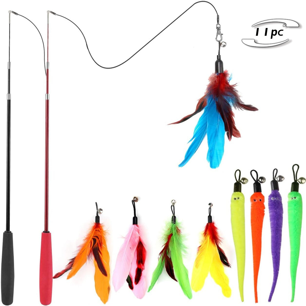 Retractable Cat Teaser Wand Toy Set with 11 Replaceable Feather & Worm Attachments – Interactive Hunting Toy for Indoor Cats