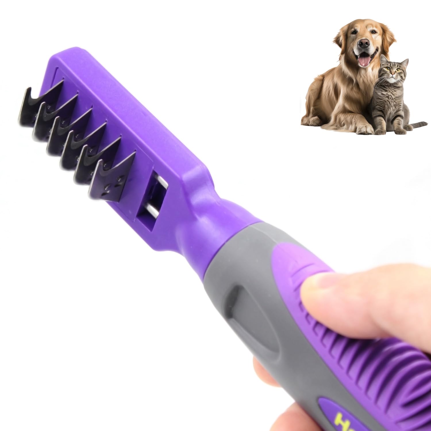 Pets First Professional Pet Mat Remover - Dematting Tool for Grooming Cats & Dogs - Removes Matted Fur, Tangles, Knots, Loose Hair & Dirt - Stainless Steel, Gentle Teeth, Soft Comfort Grip Handle,Blue