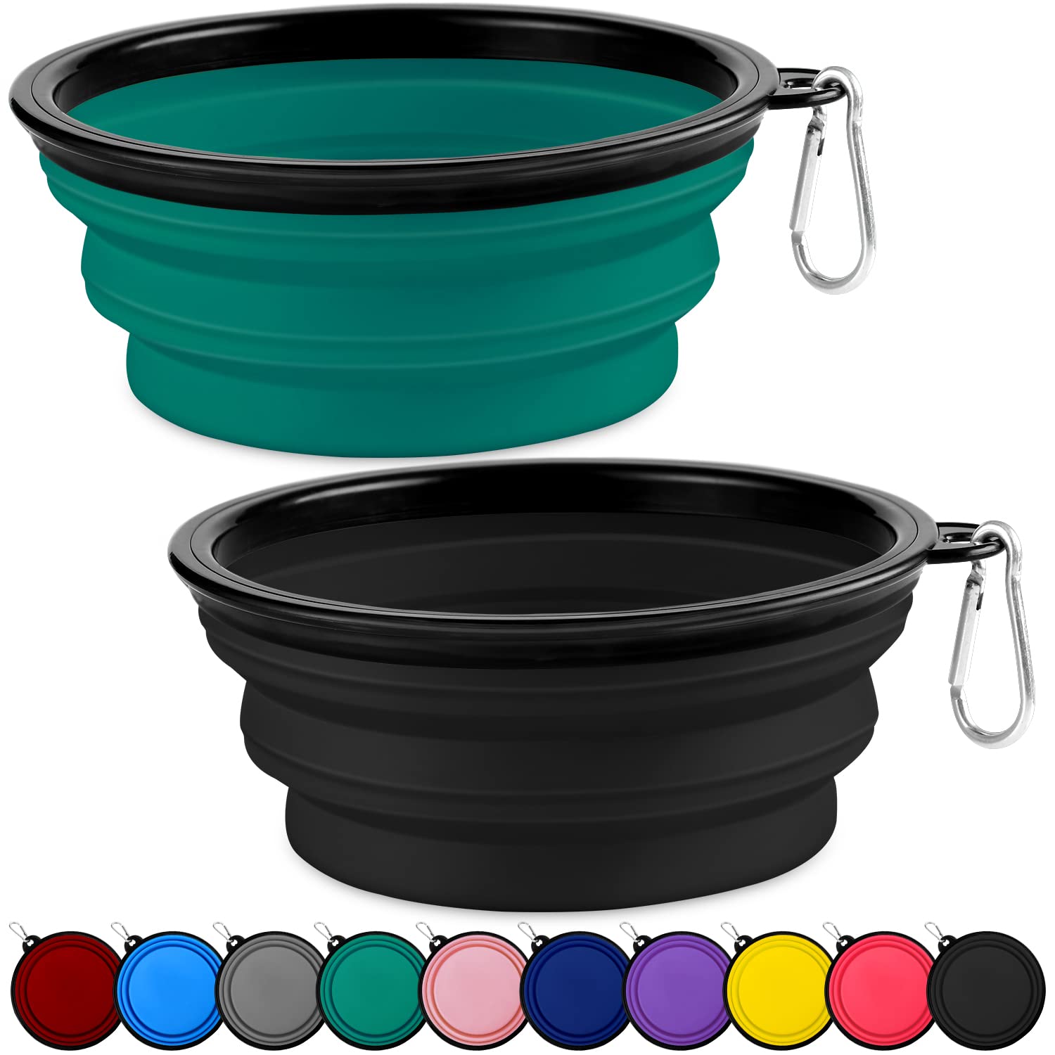 Kytely Large Collapsible Dog Bowls 2 Pack, 34oz Foldable Dog Travel Bowl, Portable Pet Water Food Bowl with Clasp, Pet Cat Feeding Cup Dish for Traveling, Walking, Hiking (Black+Blue)