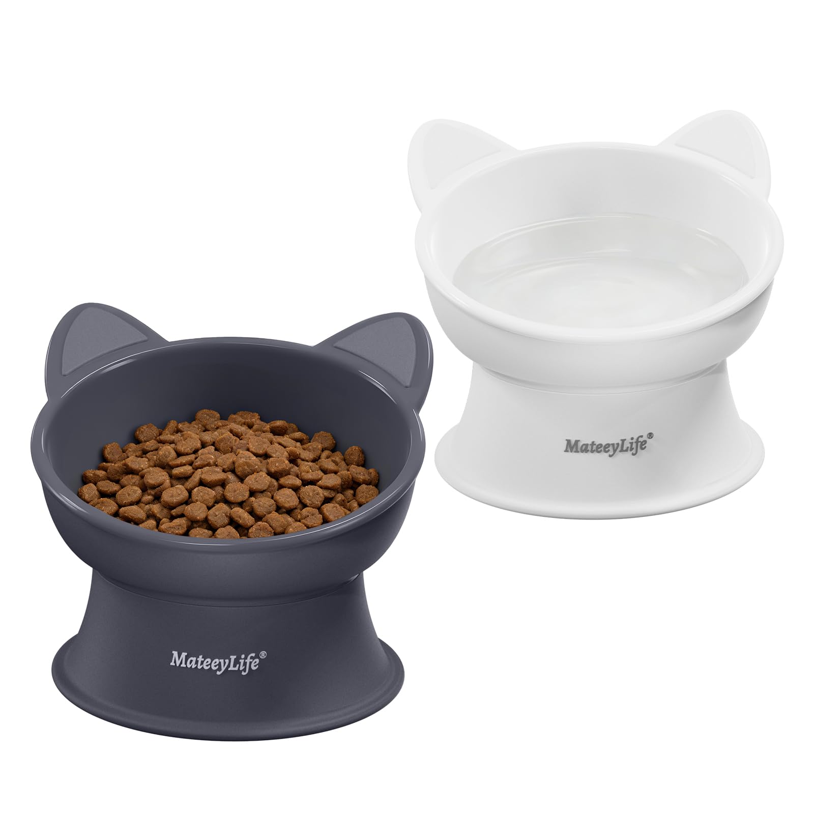 Kitty City Elevated Cat Bowls (Set of 2), Whisker-Friendly Raised Cat Food & Water Dishes, Modern Pedestal Design, Dishwasher Safe, 6.5 oz Each – White & Gray