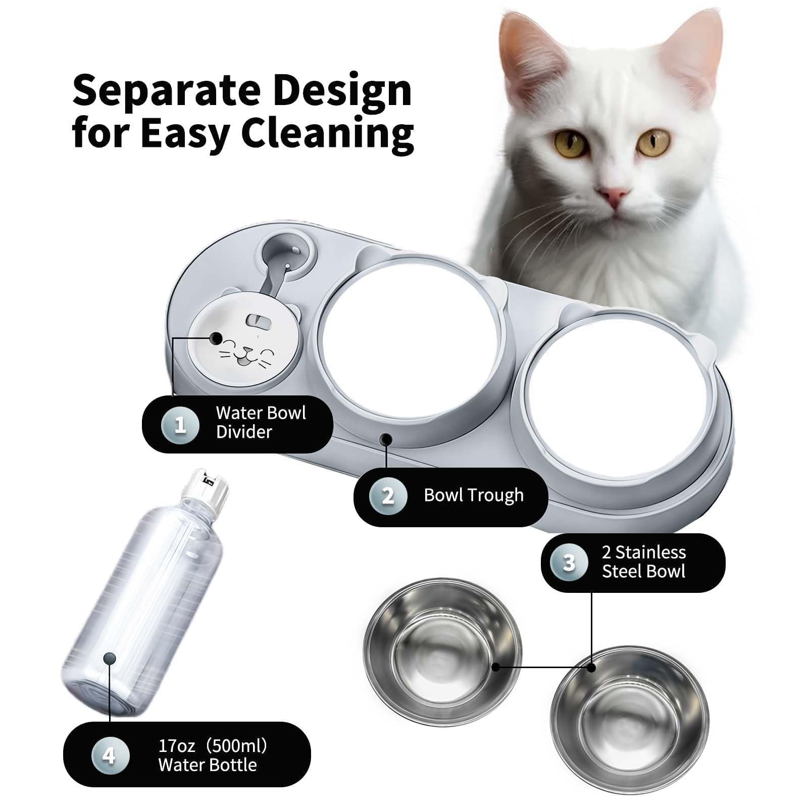 Marchul 3 in 1 Cat Bowl, Cat Food and Water Bowl Set with Water Dispenser and Stainless Steel Bowls, 15° Tilted Pet Raised Three Bowls for Indoor Cats, Small or Medium Sized Dogs