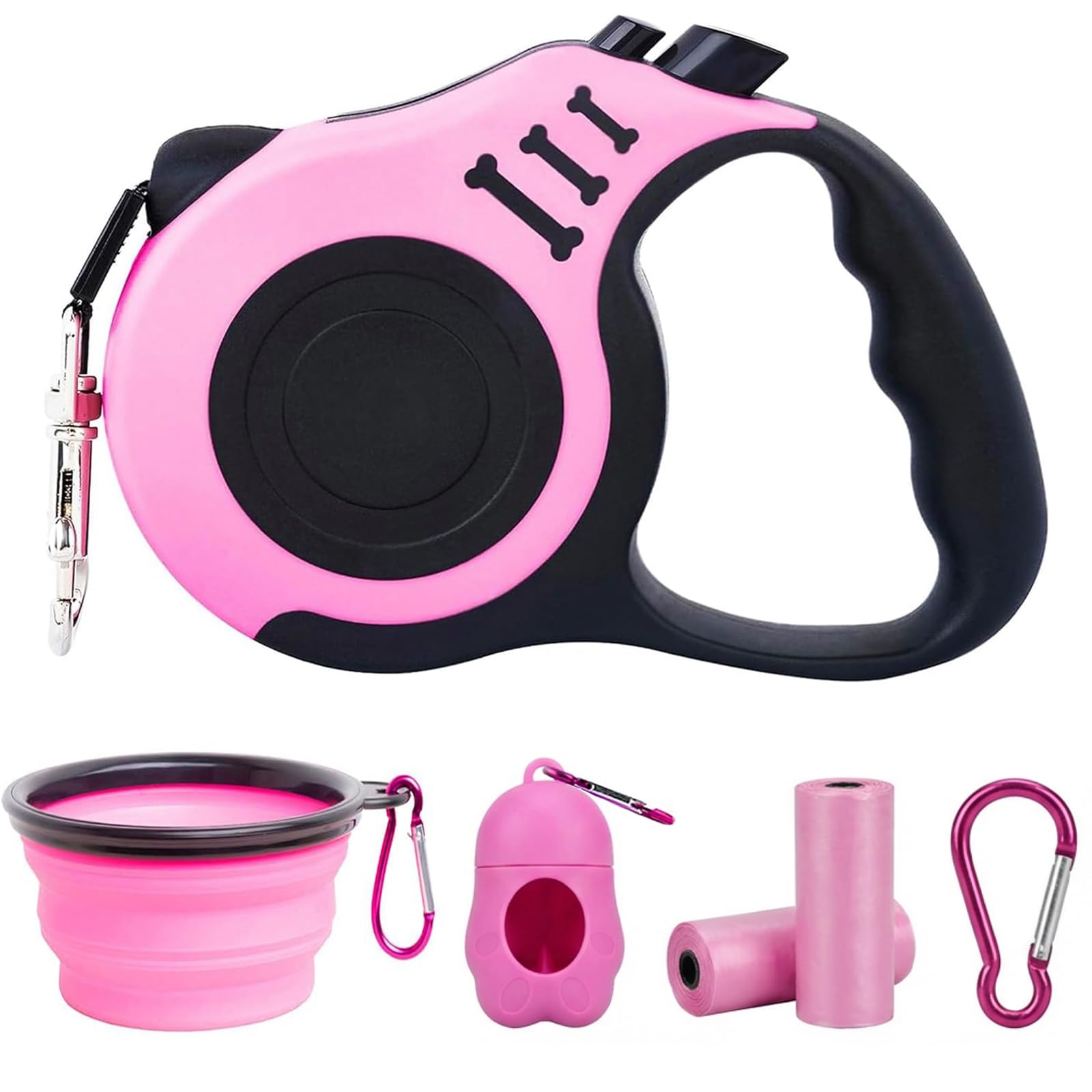PETIMP Retractable Dog Leash Lightweight 16FT Leash, with Folding Bowl,Dispenser,Waste Bags, for Small Medium Dogs(Pink)