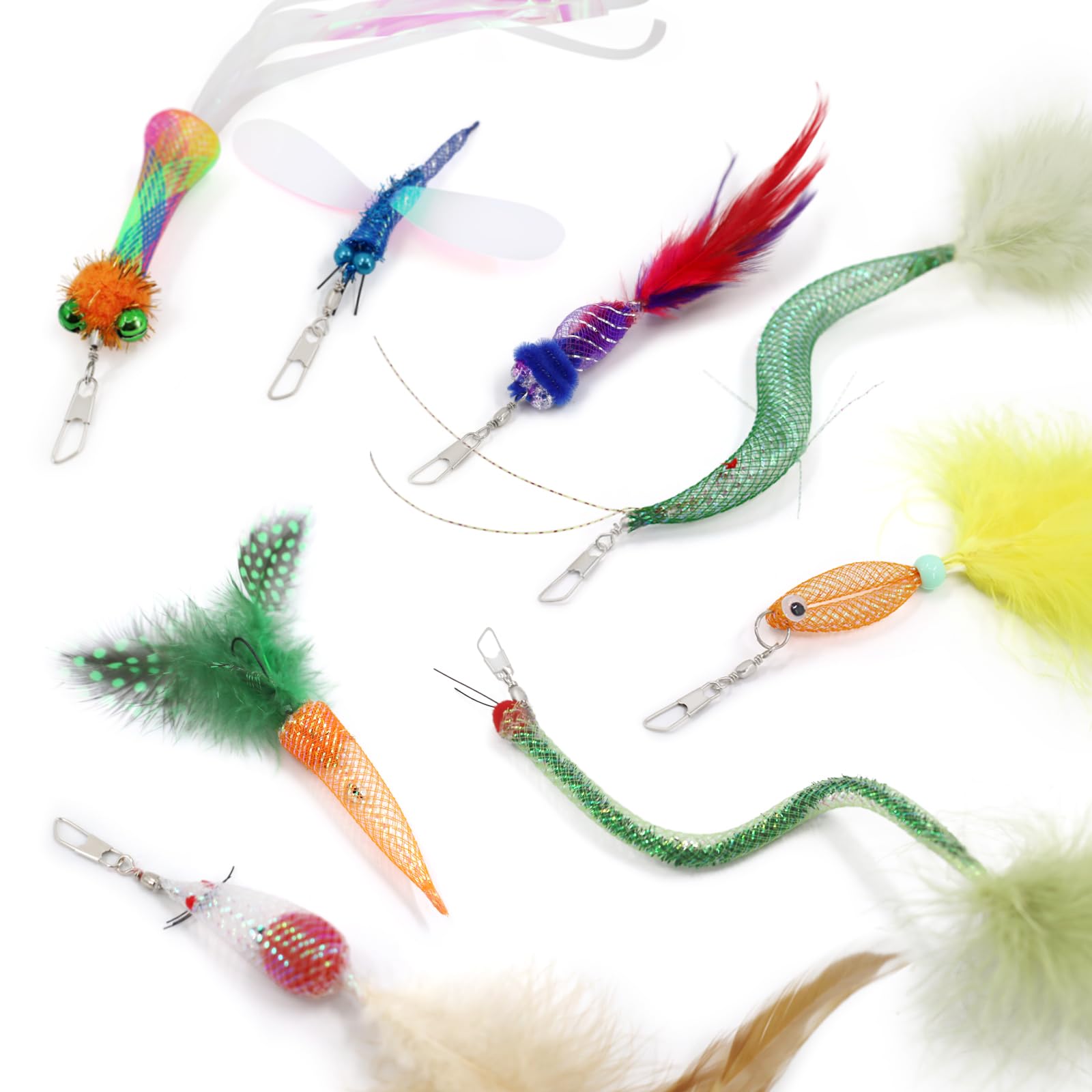 SONGWAY Cat Toy Wand Attachments - 8 Pieces Carrot Shrimp Mouse Fish Worm Dragonfly Cat Feather Toy Refills, Interactive Elastic Mesh Cat Toys for Indoor Cats Kittens