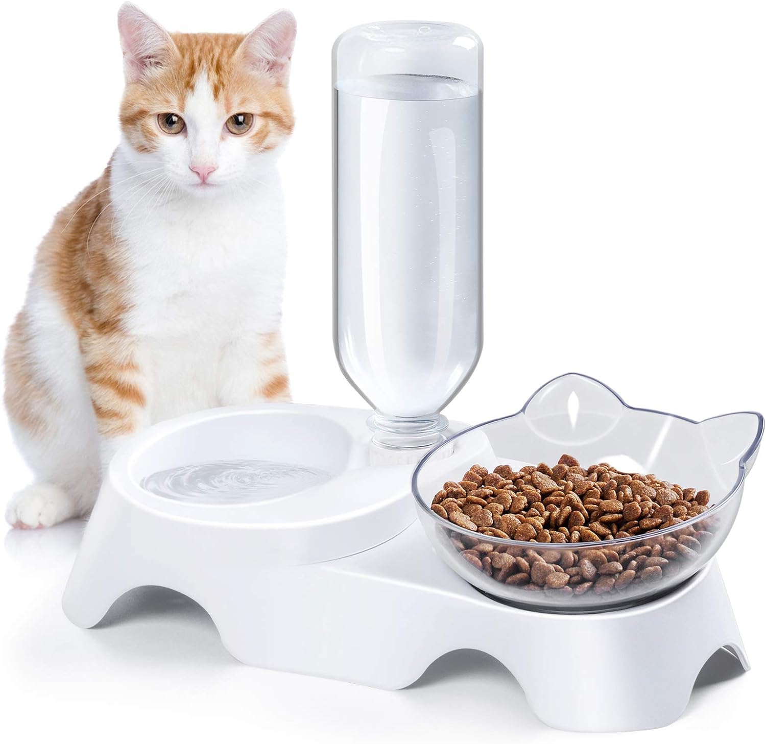 Marchul 3 in 1 Cat Bowl, Cat Food and Water Bowl Set with Water Dispenser and Stainless Steel Bowls, 15° Tilted Pet Raised Three Bowls for Indoor Cats, Small or Medium Sized Dogs