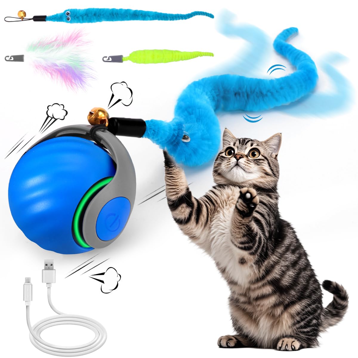 BABORUI Interactive Cat Toy Ball - Automatic Interactive Cat Toys for Indoor Cats with 3 Tails, 2 Speeds Rechargeable Cat Enrichment Toys for Small/Medium/Large Cats to Keep Them Busy(Blue)