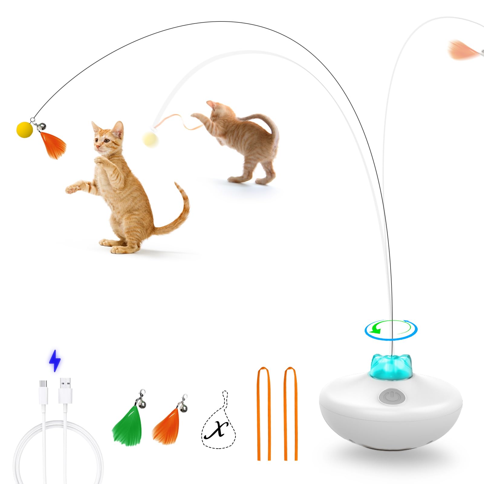 Potaroma Cat Toys 3in1 Automatic Interactive Kitten Toy, Fluttering Butterfly, Moving Feather, Track Balls, Dual Power Supplies, USB Powered, Indoor Exercise Kicker (Bright White)