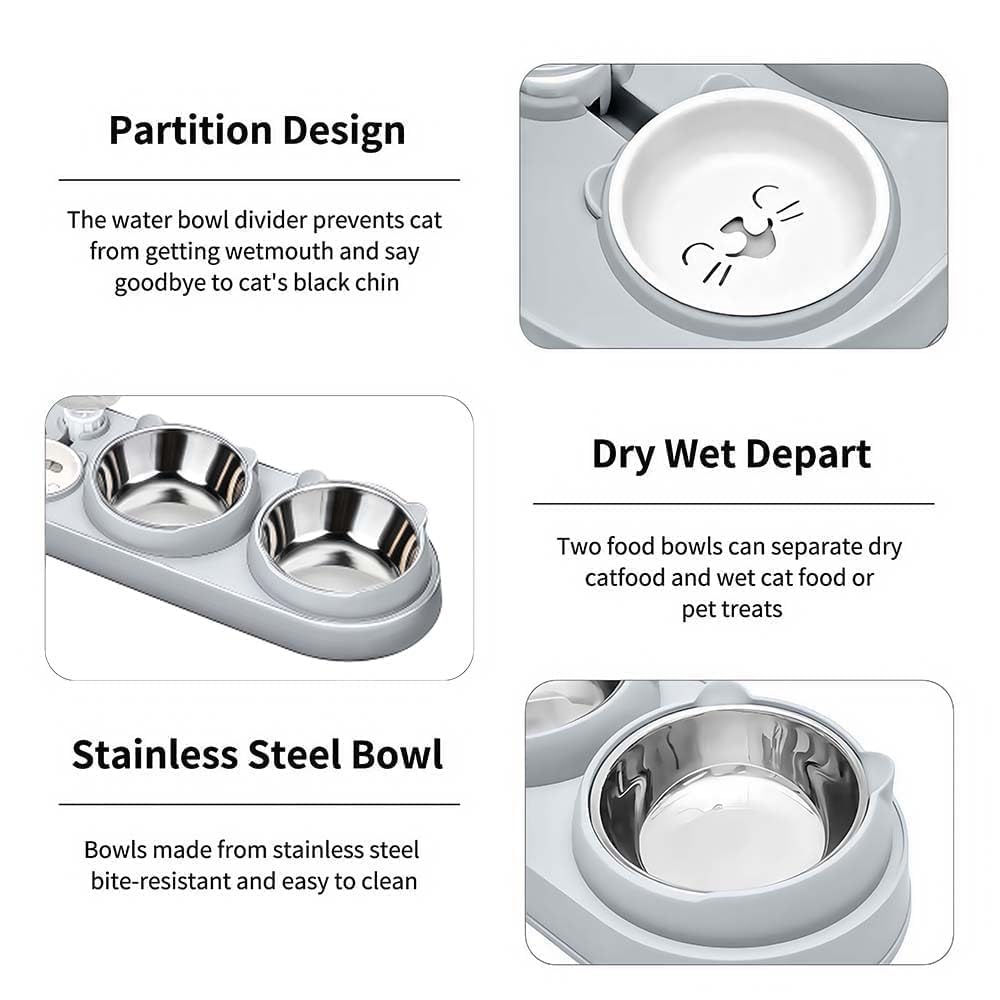 Marchul 3 in 1 Cat Bowl, Cat Food and Water Bowl Set with Water Dispenser and Stainless Steel Bowls, 15° Tilted Pet Raised Three Bowls for Indoor Cats, Small or Medium Sized Dogs
