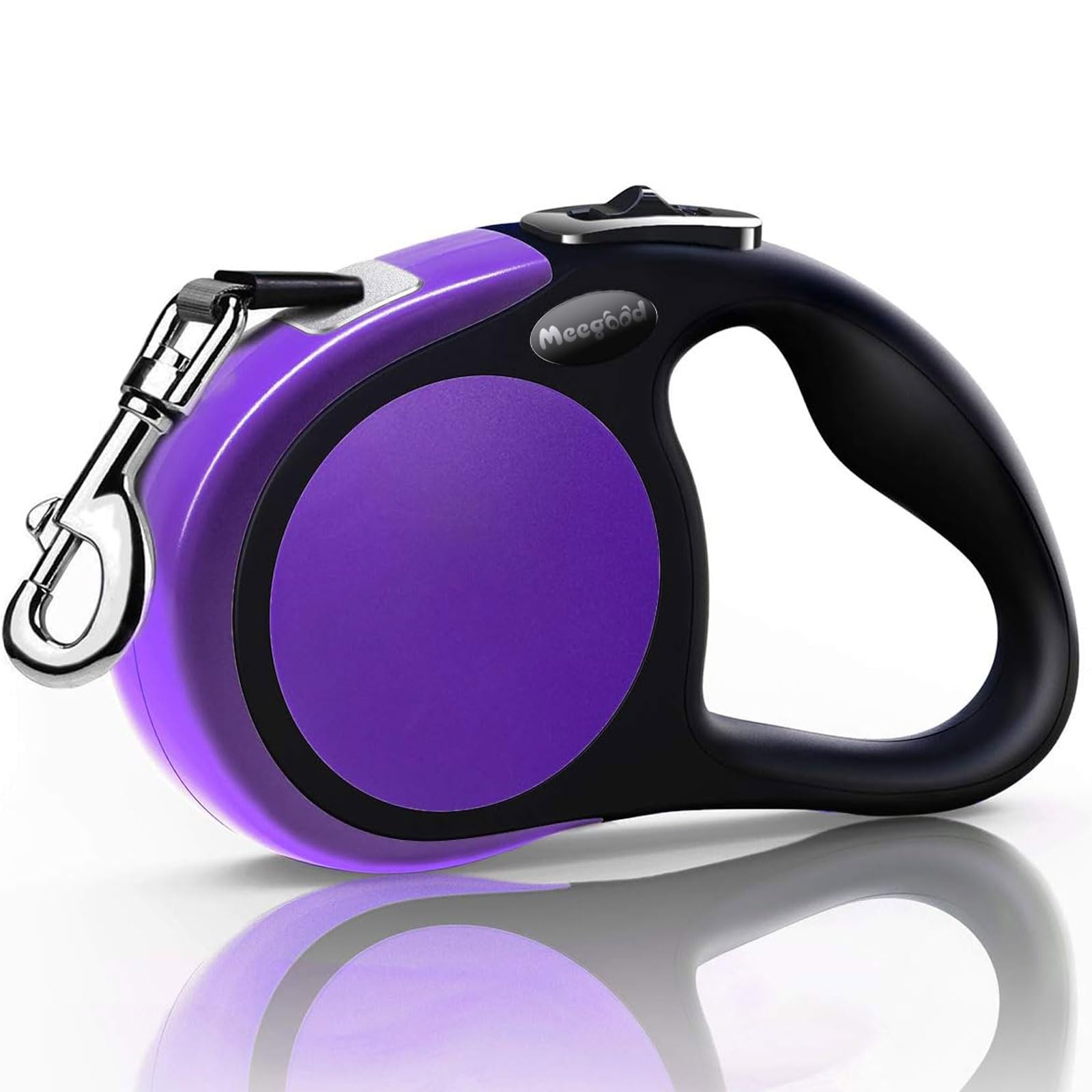 360° Tangle-Free Retractable Dog Leash, Strong Reflective Nylon Tape Lead 16 ft Dog Walking Leash, up to 66lbs, Anti-Slip Rubberized Handle, One-Handed Brake, White-Gray (Medium)