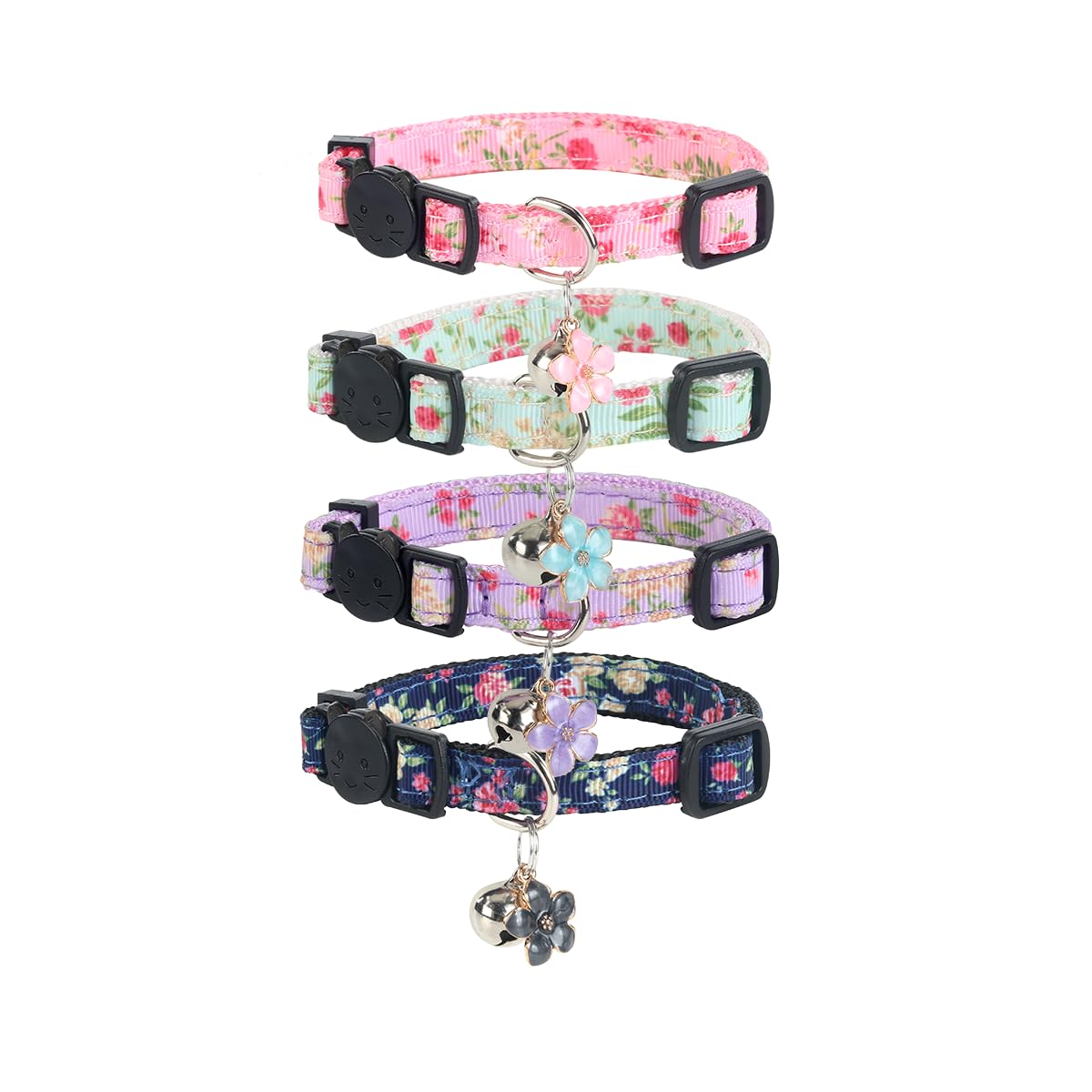 2 Pack Cotton Breakaway Cat Collar Green and Yellow Flowers Pendant Cute Kitten Cat Collar with Bell